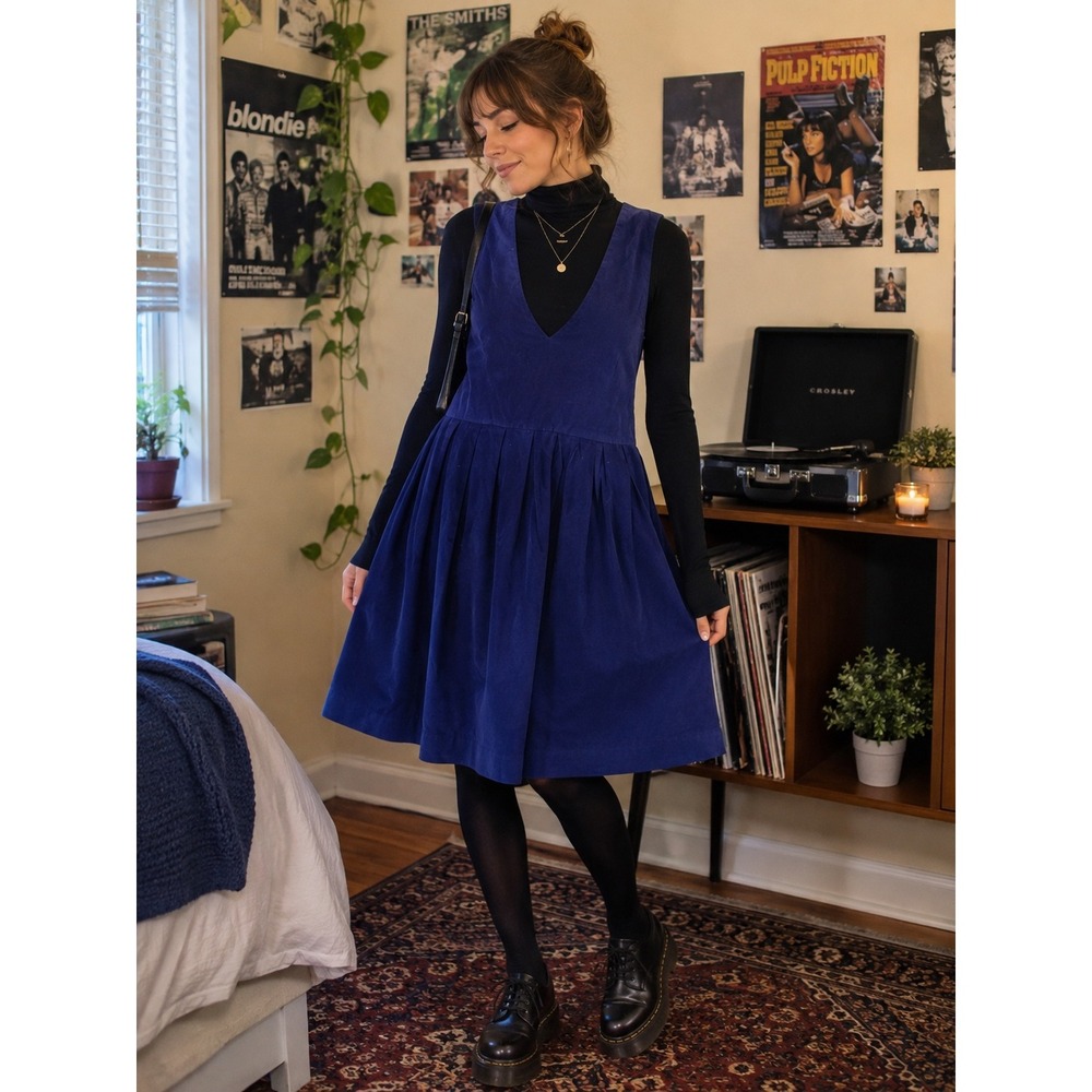 Karen Scott Blue Corduroy Jumper Dress SZ 16 VTG Side Buttons School Girl V Neck